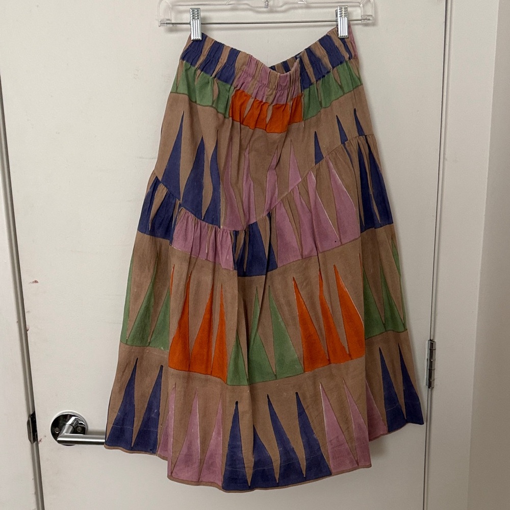 Boho Patchwork Maxi Skirt in Tan with Colorful Accents
Rujuta sheth
